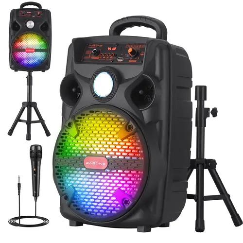 DAZONE 8" Woofer Bluetooth PA Speaker with Stand, LED Lights, Rechargeable Charging, Wireless Portable Audio Speaker with Remote, Microphone, BT, USB, SD, TF, FM, AUX Cable