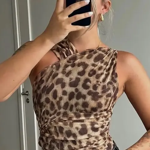Women's Leopard Print Asymmetrical Neck Ruched Mesh Medium Stretch Slim Fit Bodysuit, Fashion Casual Sleeveless Bodysuit for Summer, Ladies Clothes for Holiday Party Club Piece, Soft Mesh Bodysuit, Fashionable Bodysuits
