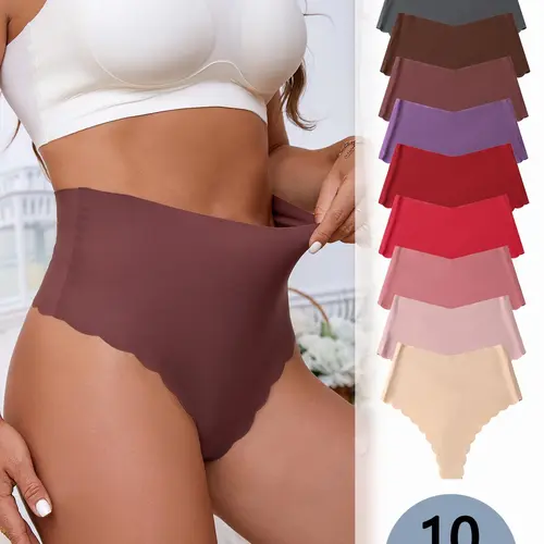 Women's Solid Scallop Trim High Waist Panty, Soft Comfy Breathable Seamless Knicker for Daily Wear, Underwear for All Seasons, High Waisted Seamless High Rise Panties