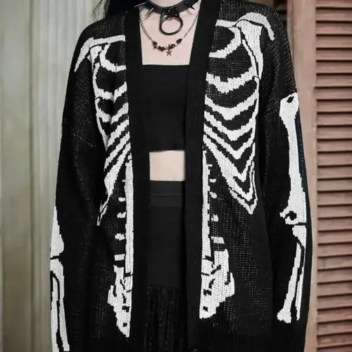 Women's Skeleton Print Drop Shoulder Knitted Cardigan, Casual Style Knitting Long Sleeve Open Front Knitwear for Fall & Winter, Women's Clothing for Daily Wear Cardigans for Women, Halloween, Knitting Sweater Cardigan