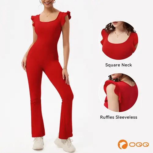 OQQ Women's Thick Fabric Ribbed Square Neck Ruffled Sleeveless Flare Jumpsuit - Sexy Shirt-Trouser Style, Breathable Sporty Stretchy Basic Womenswear,sohochic