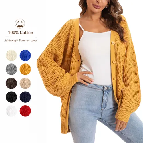 QUALFORT Women's Oversized Cardigan Sweater, Slouchy Cotton Knitwear with Lantern Sleeves, Casual Button-Down Long Sleeve Top, Baggy, Outfits, Plussize, Sweaters, Long Sleeve Tops