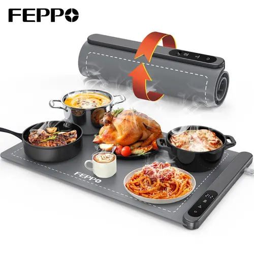 FEPPO Updated Electric Food Warming Mat - Premium Silicone Nano Material, 6 Temp Levels, 0-6h Timer with 6h Auto Shutoff, Full-Surface Heat, Rectangular XL/XXL Sizes, Roll-Up Mat Saves Space, Hands-Free Digital Control, Party Buffet Ready, XL:24in×15in