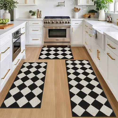 [Summer Sale Deals] HEBE 3-Piece Washable Kitchen Mat Set with Red Non-Slip Rubber Backing, Including Kitchen Runner Rug, Ideal for Winter Holiday Home Decor, Laundry Room Use