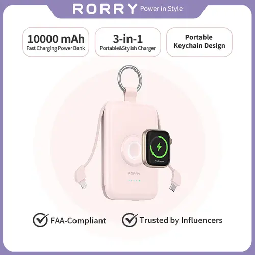 RORRY 10000mAh Mobile Portable Charger, Fast-Charging Compact Durable Everyday Carry Gear with Built-in Cables, Keychain, Wireless Magnetic Protection - Lightweight Travel Battery Pack for iPhone 17-11, iWatch, Android, AirPods, iPad, Father's Day Gift