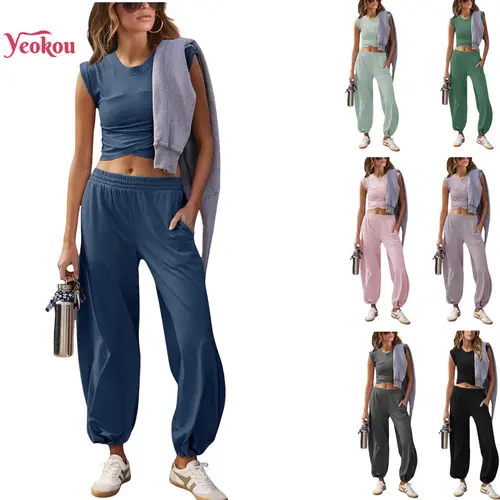Yeokou Women's 2-Piece Sleeveless Activewear Set, Casual Lounge Tracksuit with Cropped Top, Athletic Sweatpants, Pockets for Sports Clothes