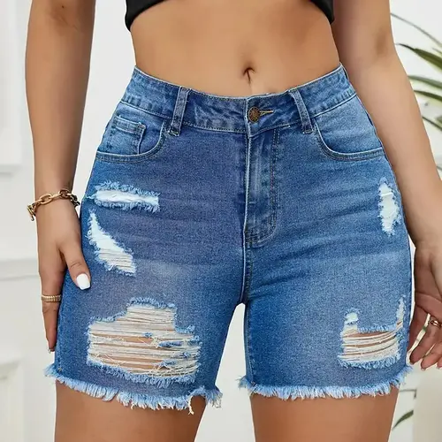 Women's High-Waist Ripped Distressed Denim Shorts with Raw Hem and Button Fly, Casual Summer Jean Shorts, Frayed Hem Shorts, Fashion Bottoms for Daily Wear