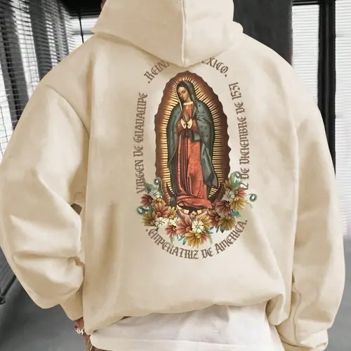 Men's Letter, Virgin Mary, Graphic Print Drop Shoulder Aesthetic Hoodi