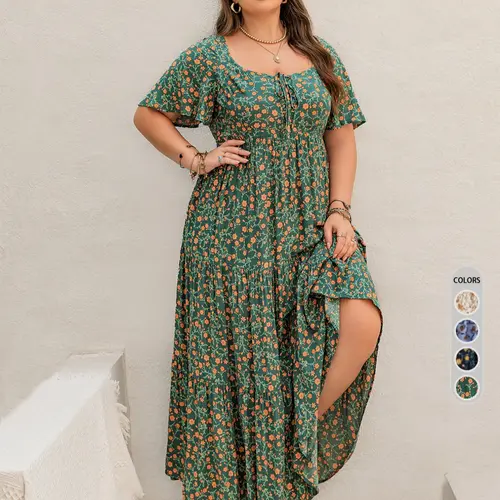 Plus Size Fit Floral Print Ruffle Trim Tie-Front Bohemian Dress, Boho Butterfly Sleeve Square-Neck A-Line Casual Dress for Summer Beach and Vacation, Women's Clothes, Beachy Style