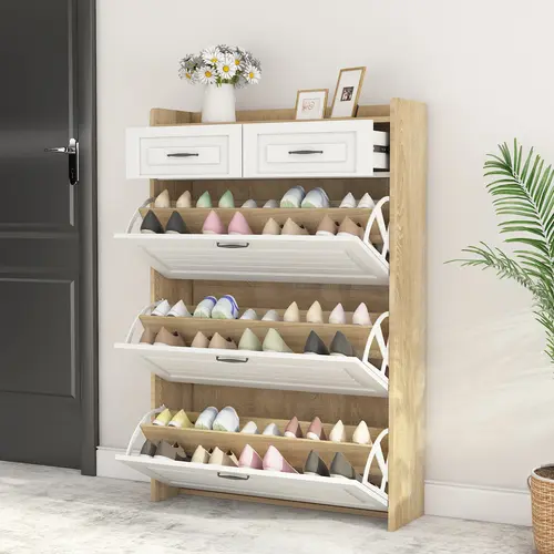 Spaco White Wooden Freestanding Shoe Cabinet with Metal Accents - Narrow Entryway Storage Rack, 3 Flip Compartments, 2 Drawers, 3-Tier Adjustable Shelves, 15-20 Kg Capacity,dorm essentials,home decor