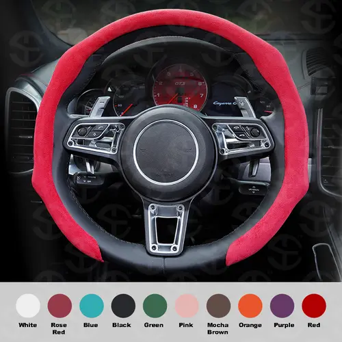 SE SUPEREVER Alcantara Leather Car Steering Wheel Cover - 38cm Universal Fit Automotive Vehicle Auto Accessory, Car Interior Accessory, Sweat-Absorbing, Non-Slip, Ultra Thin Suede, Quick Turn Feature, Auto Accessories