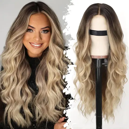 AISI Women's Ombre Blonde Wig - 26in Long Loose Wave Soft Curly, 4x1 Lace Natural Hairline, Glueless Lace Wear Wig for Beginners, Suitable for Daily, Wedding, Travel Use, Synthetic Hair Extensions Accessory