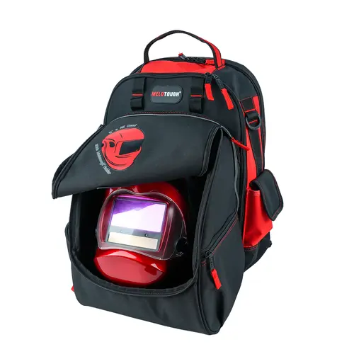 #backtoschool MELOTOUGH Heavy Duty Tool Bag for Welders - Welding Gear Backpack with Tool Storage, Storage Organizer, Large-Capacity Helmet Holder, Adjustable Shoulder Strap, Multi-Functional Hammer Holder, Laptop Sleeve, 3 Large Open Pockets Tame Chaos