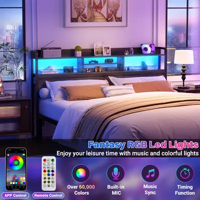 Homieasy  Headboard for King Size Bed with Storage Shelf, Head board with 3 Outlets and 2 USB Ports, Headboards with RGB LED Light, Height Adjustable, Sturdy and Stable, Easy Assembly, Black Oak