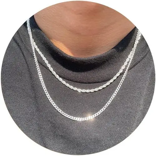 FREEKISS Trendy 2Pcs 3mm Chain Necklace For Men Layered Cuban Link Rope Necklaces Set Simple Jewelry Gift 18-28 Inches For Fashion Valentine's Day