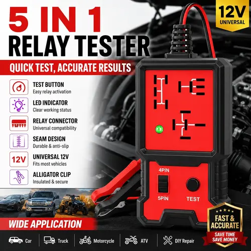 12V Compact Automotive DC Circuit Tester - Universal Relay Tester for 4-Pin & 5-Pin Relays, Diagnostic Tool with Battery Clips, Voltage Check Tool, Father's Day Gift