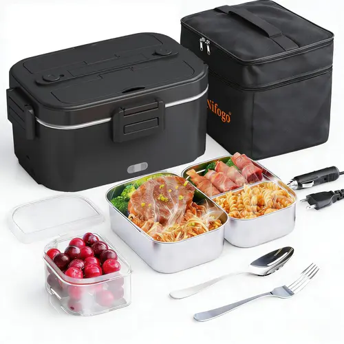 Electric Heated Lunch Box for Adults - 100W Insulated Thermal Temperature-Controlled Lunch Box (1.5L/1.8L) with Handle, 12V/24V/110V for Work/Car/Truck, Work Travel, Fork, Spoon & Warming Bag, Insulated Lunch Box, Thermal Insulation Lunch Boxes