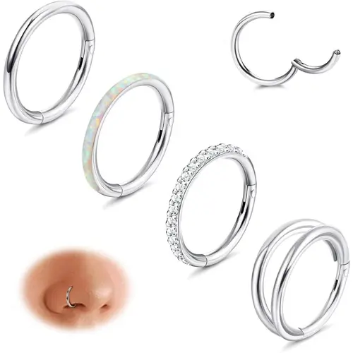 Jstyle Surgical Steel Nose Piercing Jewelry - 18G/16G Opal CZ Hinged Clicker Hoops for Women's Fashion, Septum Pierced Ring, Helix Earring, Eyebrow Ring (8mm, 10mm)
