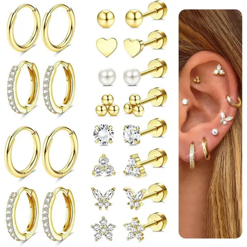 Jstyle Hypoallergenic Surgical Steel Flat Back Earrings for Women - Small Stainless Steel Earrings Set with Hoop Design for Multiple Piercing, Flat Pierced Jewelry, Fashionable Jewelry Accessories, Jewelry For Women, Piercings