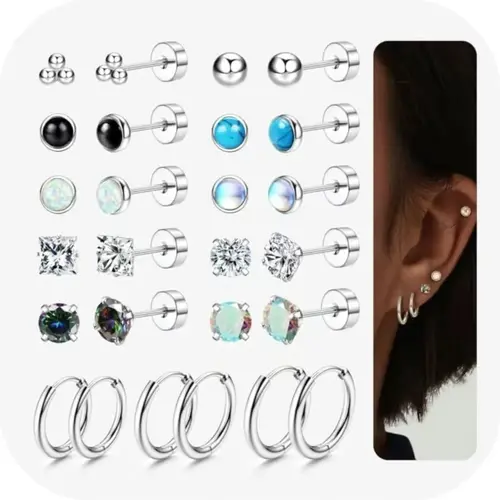Jstyle Surgical Steel Hypoallergenic Earrings for Women's Sensitive Ears, 20G Flat Back Studs, Cartilage Earrings Hoops, 8/10/12MM
