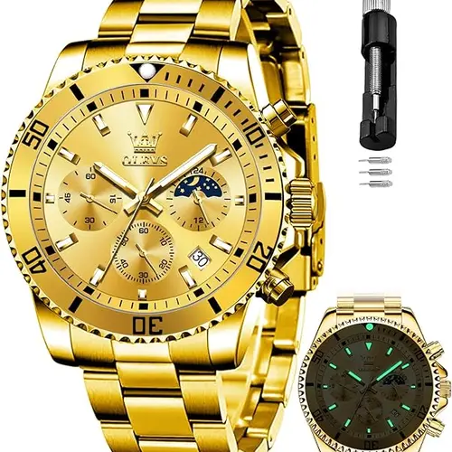 OLEVS Mens Diamond Business Dress Analog Quartz Stainless Steel Waterproof Luminous Date Two Color Luxury Casual Watch