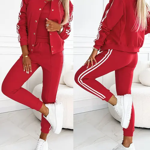 2026 CHICME Women's 3 Piece Outfits Matching Sets Striped Tape Patch Tank Tops Button Front Jacket Cuffed Pants with Pockets Tracksuit Comfort Womenswear Elastic Baseball