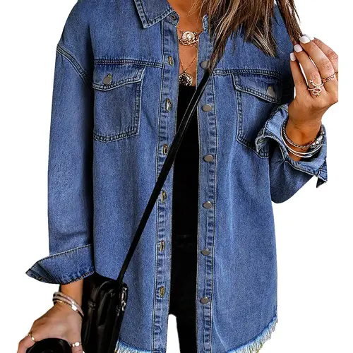 Zeagoo Women's Oversize Soft Cotton Ripped Tassel Fringe Denim Jacket - Casual Long Sleeve with Pockets, Holiday Coat