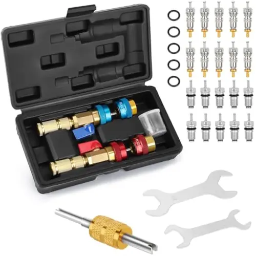 WADEO R134A-R1234YF Valve Core Quick Remover Installer Tool Set - 1 Kit with 10pcs R134A Valve Cores, 13mm High-Low Pressure Quick Coupler Car Repair Tool Kit for Refrigerant Air Conditioner Systems, 1Pc 17-19Mm Wrench