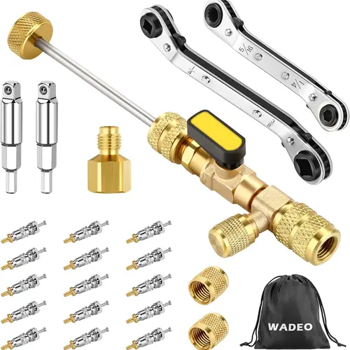 WADEO Dual-Size HVAC Valve Core Remover Tool & Service Wrench Set with Hex Key Adapters, 1/4 & 5/16 Fit Ports, 15 Schrader Valve Cores, 2 Brass Nuts, Gold Bottom Resists Fluorine for HVAC Equipment Repair