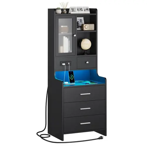 Sikaic Tall Nightstand with Charging Station, Black Bedside Table with Drawers & Glass Door, LED Night Stand with Bookshelf, End Side Table with Storage Summerwins
