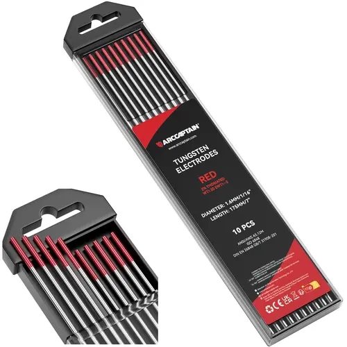 ARCCAPTAIN 2% Thoriated TIG Welding Tungsten Electrode 10-Pack (3/32"x7", Red, WT20/EWth-2) - Thoriated 2% DC Welding Accessory, AWS A5.12M/A5.12:2009, Anti-Oxidation Vacuum Packaging, Good Arc Starts, Large Current Load, Tool Upgrade for Men