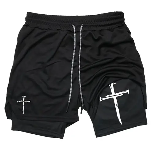 Men's Cross Print Drawstring Waist 2 in 1 Sports Shorts, Regular Fit Sporty Breathable Quick Drying Pocket Shorts, Gym Shorts, Summer Sports Bottoms for Gym Workout Running, Gym Clothing, Athletic Wear Shorts, Active Shorts