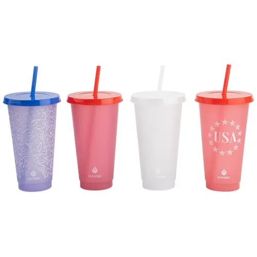 Portable Reusable Plastic Water Bottles (4PK, 24 oz/0-500 ml) - Funky Patriotic Printed Color Changing Drinkware with Lids+Straws, Kitchen Cup Set, Funky Patriotic Color Mix, Tumbler With Lid