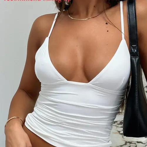 Women's Solid Backless Ruched Crop Cami Top, Camisole, Casual Adjustable Spaghetti Strap Sleeveless Top for Summer, Women's Clothing for Beach Holiday