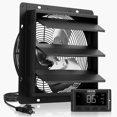 【toolupgrade】VEVOR 10-in Large Wall Hanging Shutter Exhaust Fan, High Velocity EC Motor Fan with Adjustable Smart Programming, Variable Speed, Temperature Control, Timer, Alarm, 1000 CFM, for Shed, Garage Ventilation Cooling, Black, High Velocity Fan, Au