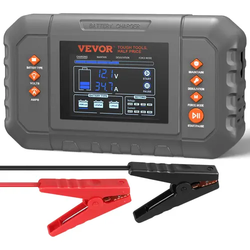【toolupgrade】VEVOR 35-Amp Smart Battery Charger with LCD Display, Lithium LiFePO4 Lead-Acid (AGM/Gel/SLA) Compatibility, Trickle Charger Maintainer Desulfator for Vehicle, Truck, SUV, Garage Repair Use