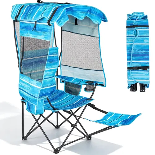 SLSY Folding Camping Chair with 3-Sided Canopy Sun Protection, Metal Frame, Cooler Bag & Cup Holder - Portable Outdoor Equipment, Compact Fold Beach Chair for Camping, Beach (330 LBS Capacity), Beach Chairs