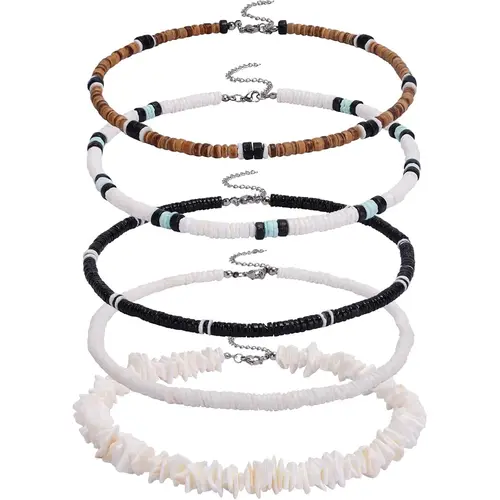 Unisex 5-Piece Handmade Beaded Necklace Set with Alloy Chain, Unique Seashell Mix & Coconut Beads, Beach Fashion Costume Jewelry Gift, Modern Versatile Accessories