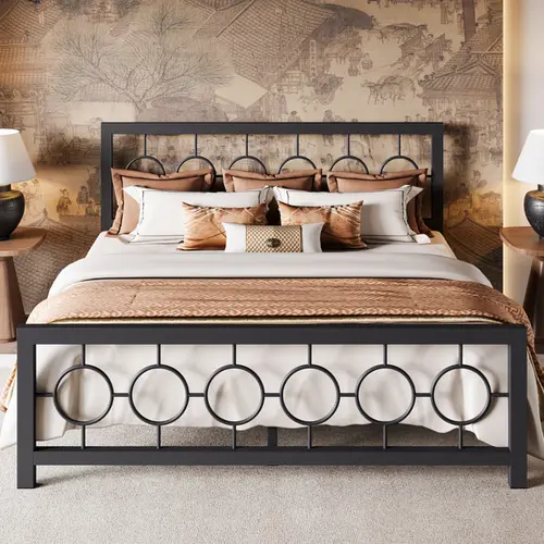 MUTICOR Twin/Full/Queen/King Size Iron Platform Bed Frame with Vintage Circular Design Headboard and Footboard, 【Frame Only No Matress】】Ample Under-Bed Storage, No Box Spring Needed, Black/Brown#SummerVibes