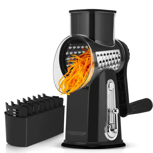 SUSTEAS Rotary Cheese Grater - Smooth Round Kitchen Utensil, Fingers-Safe Crank Handle Fast Shredder, 5 Stainless Steel Blades, Strong Suction Cup Base, Blade Storage Box, 12x Speed, Compact for Small Kitchens, Home Cooking & Vegetable/Chocolate Slicing,