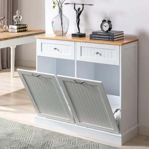 Double Trash Cabinet Tilt Out 20 Gallon, Pet Proof Kitchen Trash Cabinet Laundry Hamper with Cutting Board, Wood Garbage Recycling Station Hideaway Trash Holder Drawers (White)（Black）(Grey) Dispenser Bin Automatic Waterproof Can