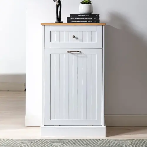 Freestanding Bamboo Tilt-Out Trash Cabinet - Kitchen Cupboard with 1/2/3 Bins, Drawer, Cutting Board, Pet-Proof Storage & Recycling Station,dorm essentials,home decor