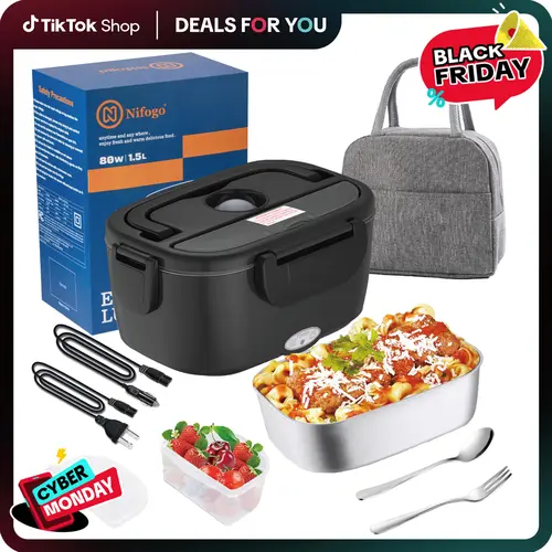Heated Electric Lunch Box - 80W Fast Heating 1.5L Durable Material Cordless Heated Lunchbox for Adults, Car & Home Use, Includes Tableware (Fork, Spoon) & Lunch Bag, Self Heating Lunchbox, Heated Lunch Box