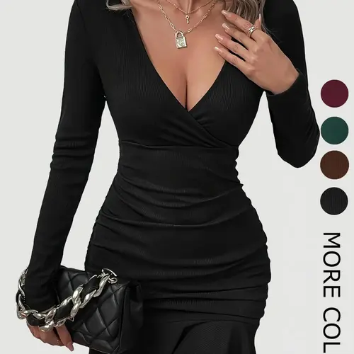 Women's Plain Ruched Ruffle Hem Wrap Bodycon Dress, Elegant Chic Deep V Neck Long Sleeve Short Dress for Party Club Dating Evening Wear, Ladies Spring & Fall Clothes Fit, Elegant Knit Dress