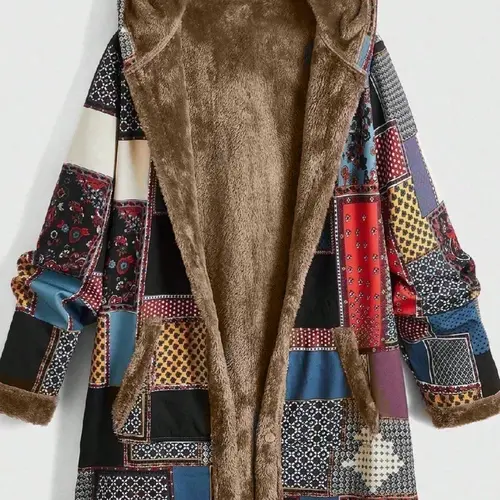 Women's Patchwork Print Long Sleeve Hooded Coat, Casual Chic Outerwear, Outerwear With Pockets, Casual Jacket Coat, Casual Pocket Thermal Lined Outerwear for Fall & Winter, Women's Clothing for Daily Wear, Casual Warm Coat