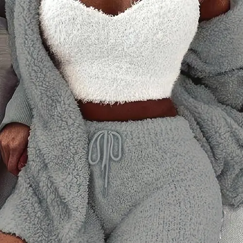 Women's Solid Color Plush Three-piece Pyjama Set, Fluffy, Soft Pajamas, Comfy V Neck Cami Top & Hooded Coat & Tie Front Shorts Casual Loungewear Set, Homewear, Women's Sleepwear for Winter, Cropped