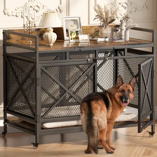 COZPAW Large Dog Crate Furniture, 48/52/71/78/86Inch Wooden Dog Kennel for XLarge Dogs, Heavy Duty Dogs Furniture Indoor Wire Dog Cage with Caster Wheels, Decorative Home Pet House End Table, Brown
