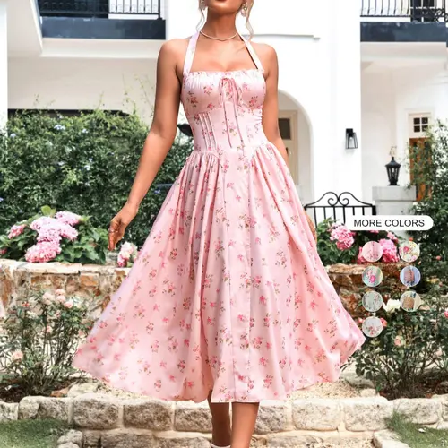 Women's Ditsy Floral Print Ruched Shirred Tie Back Sleeveless Dress, Elegant Fashion Casual Backless A Line Midi Dress for Daily Outdoor Wear, Women Dress for Summer
