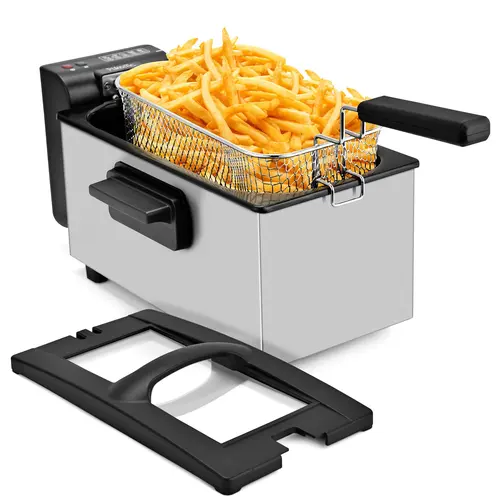 Pukomc 1500W Adjustable Temperature Fryer - 3.1 QT Household Appliance, 1.6QT 6 Cup Oil Capacity, Non-Stick Pot & Basket, Viewing Window, Cool Touch, Fast Even Heating, Ready Light Cue, Easy Clean for Individuals, Reduces Splatter & Mess