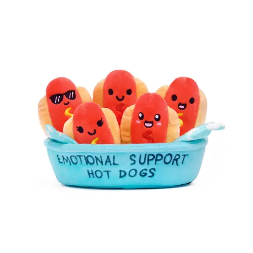 Emotional Support Hot Dogs by Relatable, Cuddly Stuffed Animals and Toys, Squishy Toys and Plushies, Cute Summer Gift Ideas for Loved Ones of All Ages, Includes 5 Plushies with Carrying Basket